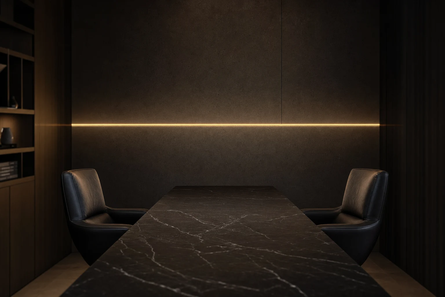 Two empty dark leather chairs facing each other across a long black stone conference table, a single line of gold light along the far wall