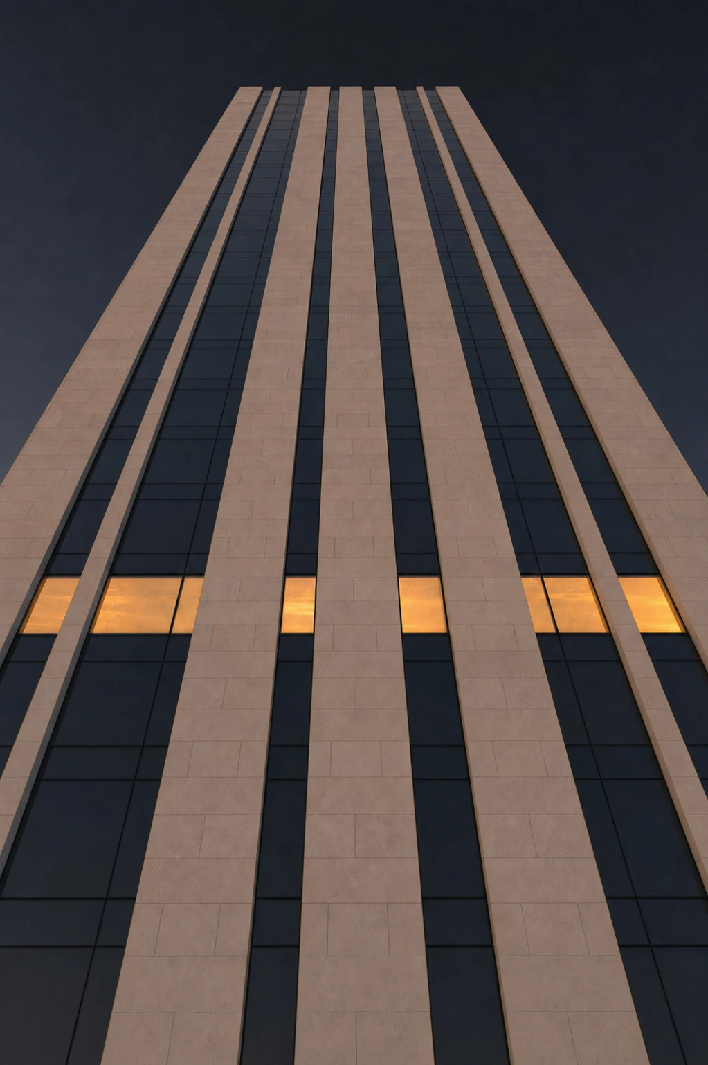 A modern commercial tower seen from below at dusk, one band of windows lit gold