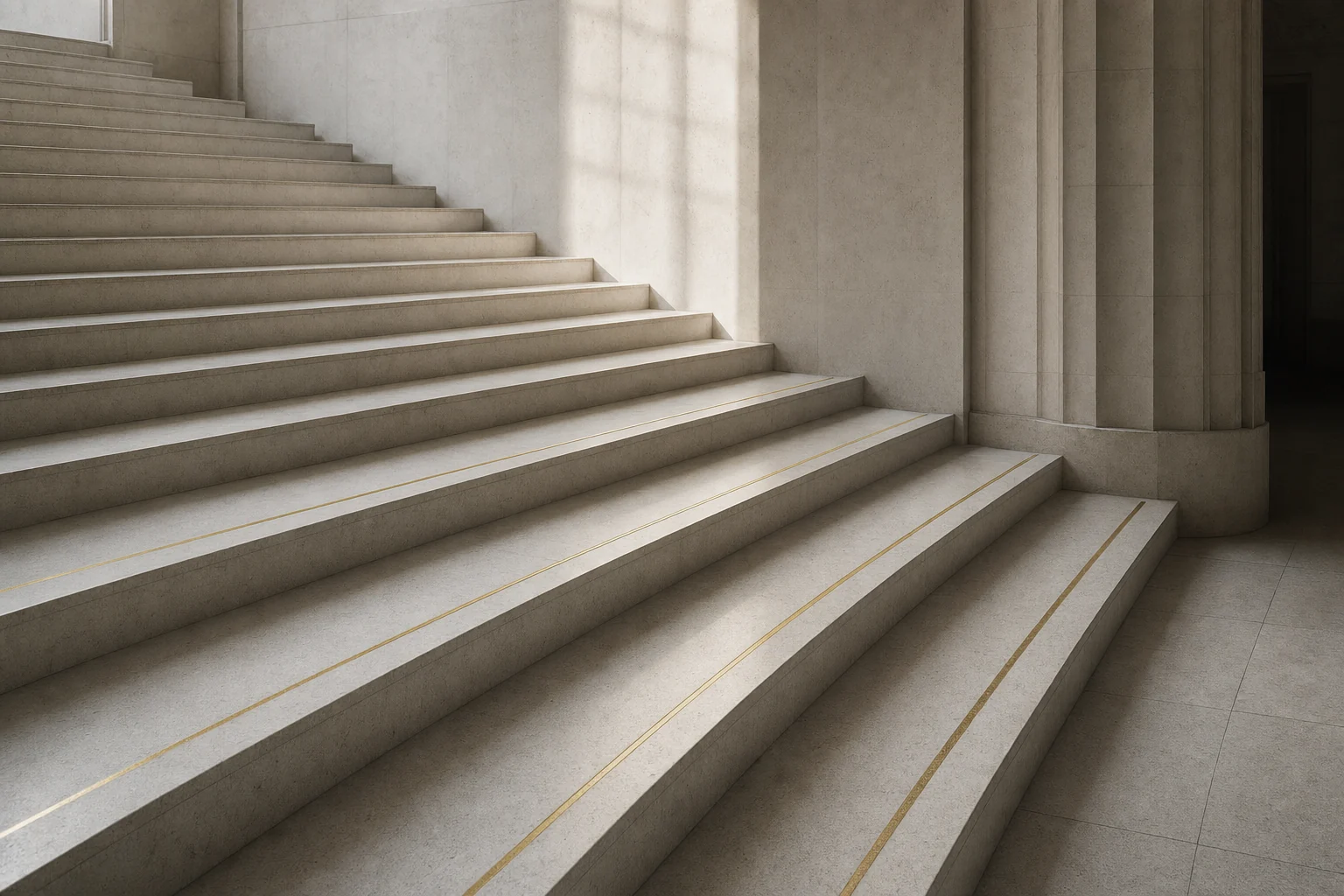A wide flight of pale limestone steps inside a quiet civic hall, a thin brass line inlaid across the treads