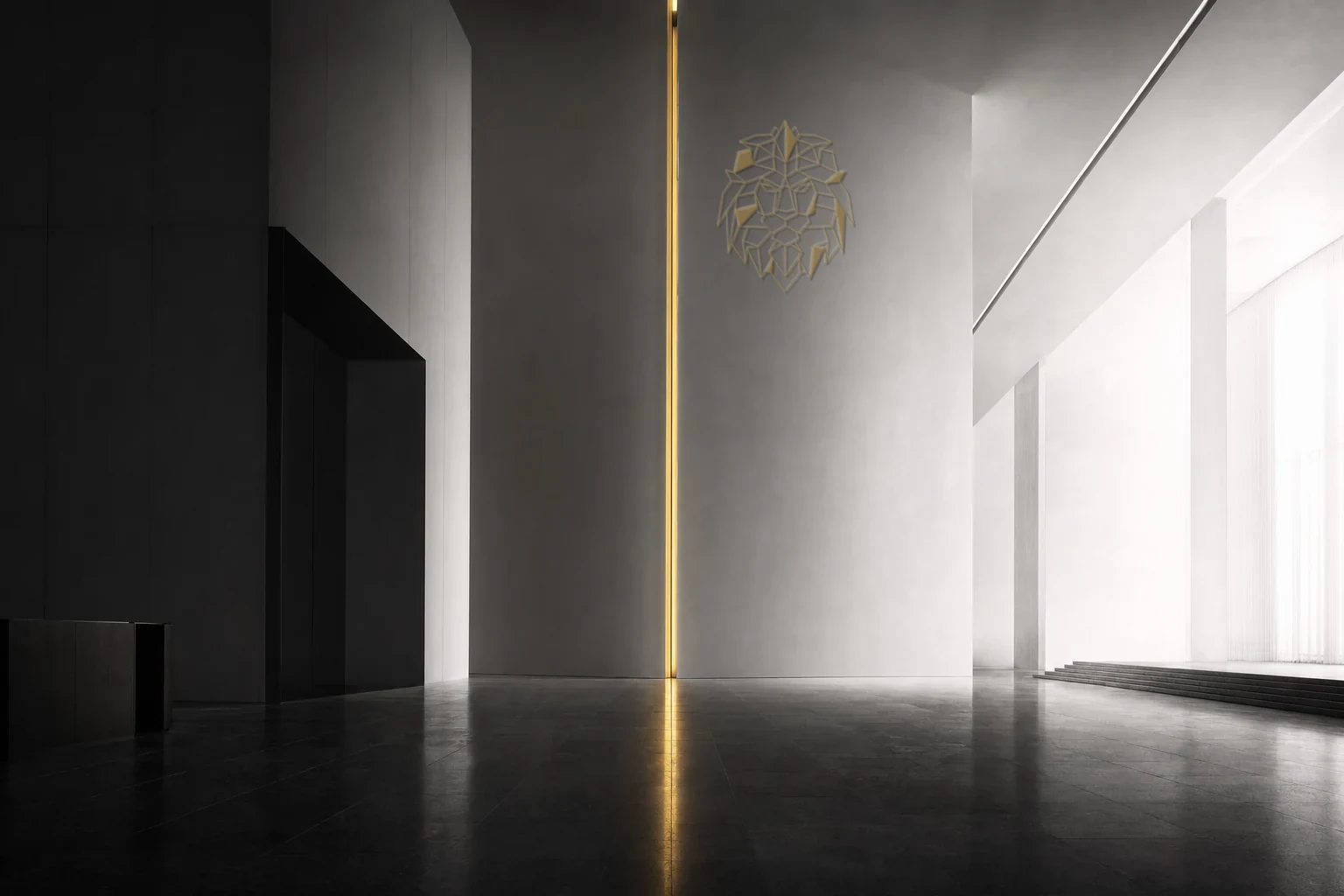 A quiet, austere stone atrium lit by a single vertical line of gold light
