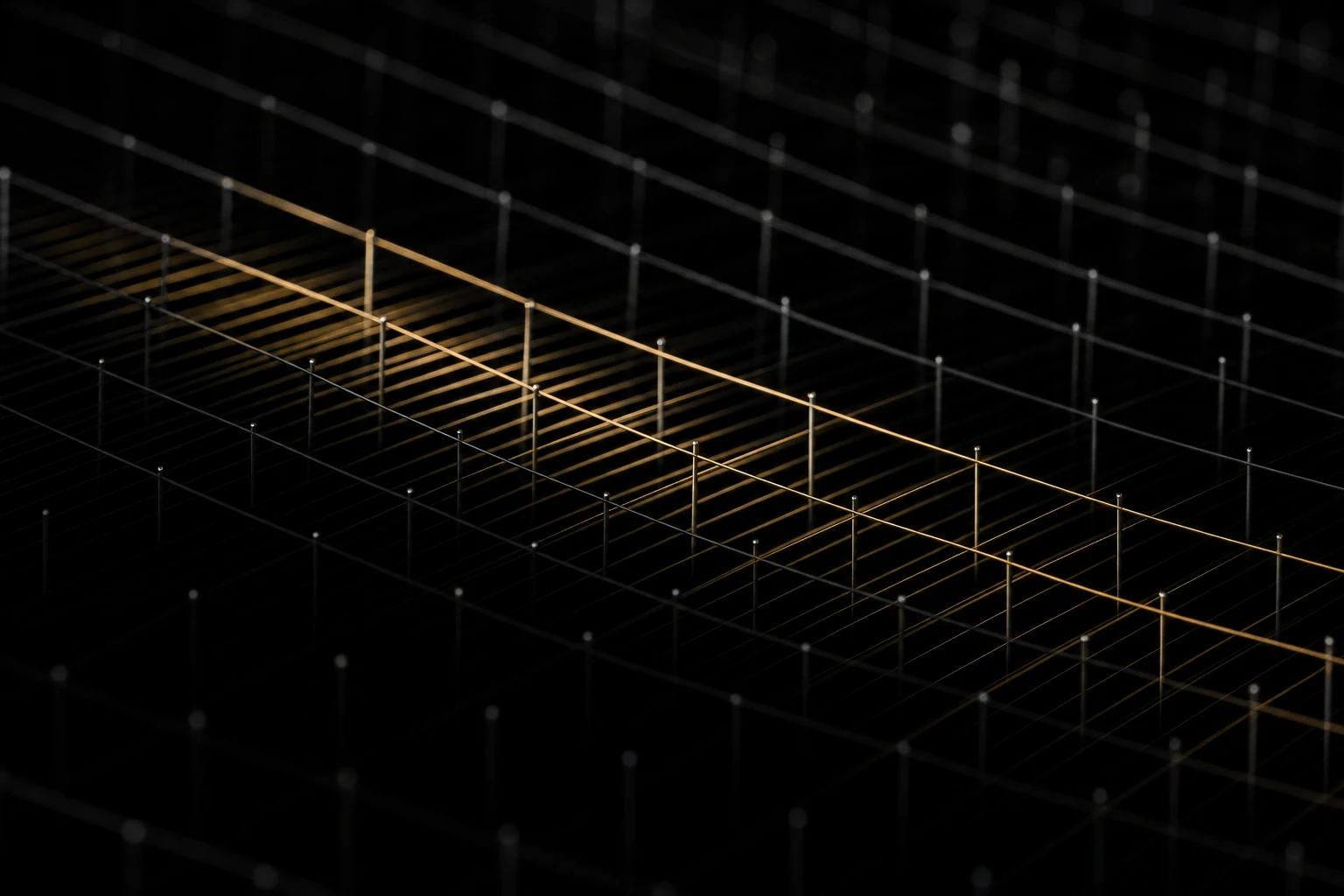 An abstract dark grid of fine wires crossed by a single sweep of gold light
