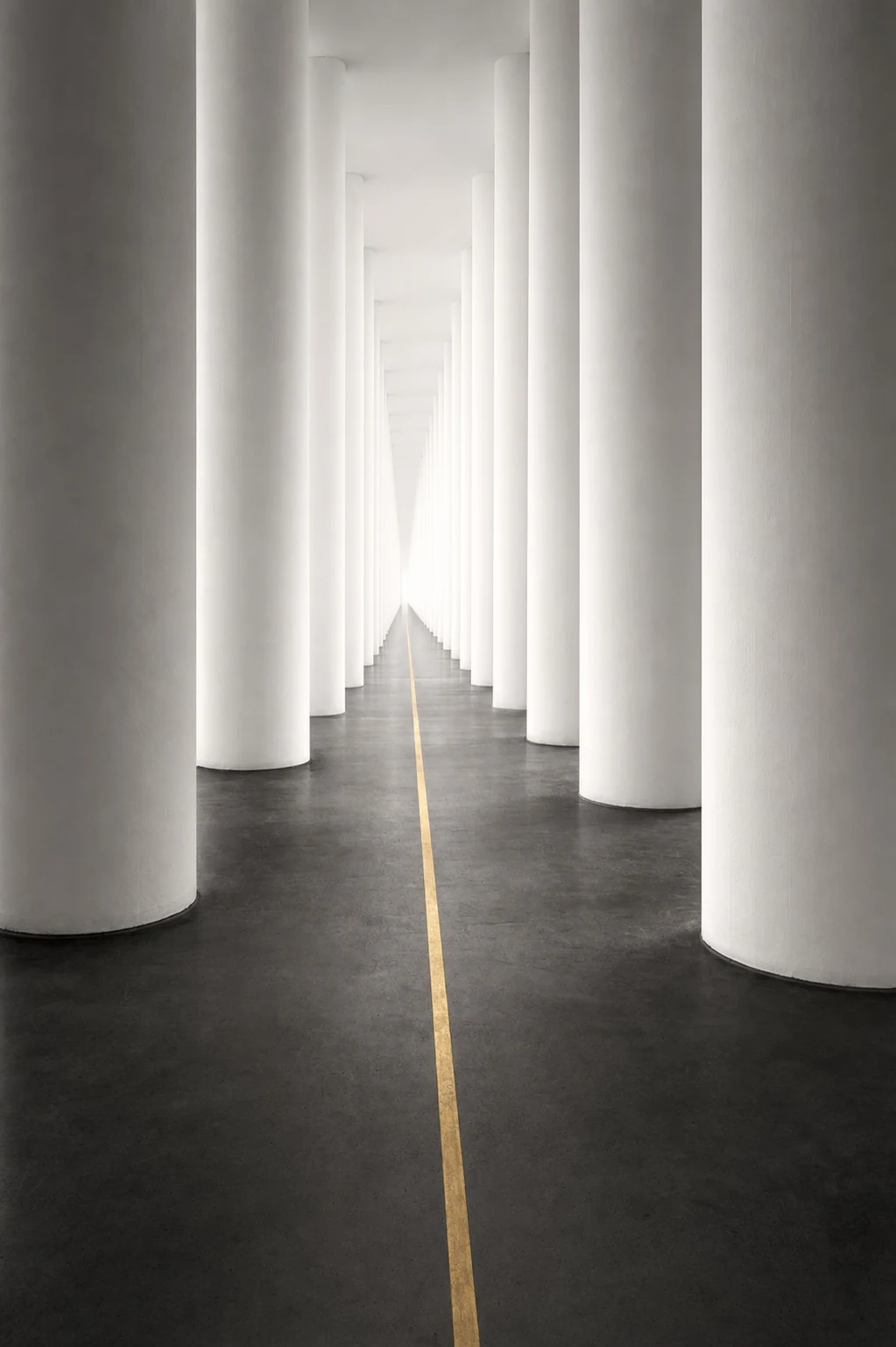 A long white colonnade with a single gold line inlaid in the dark stone floor