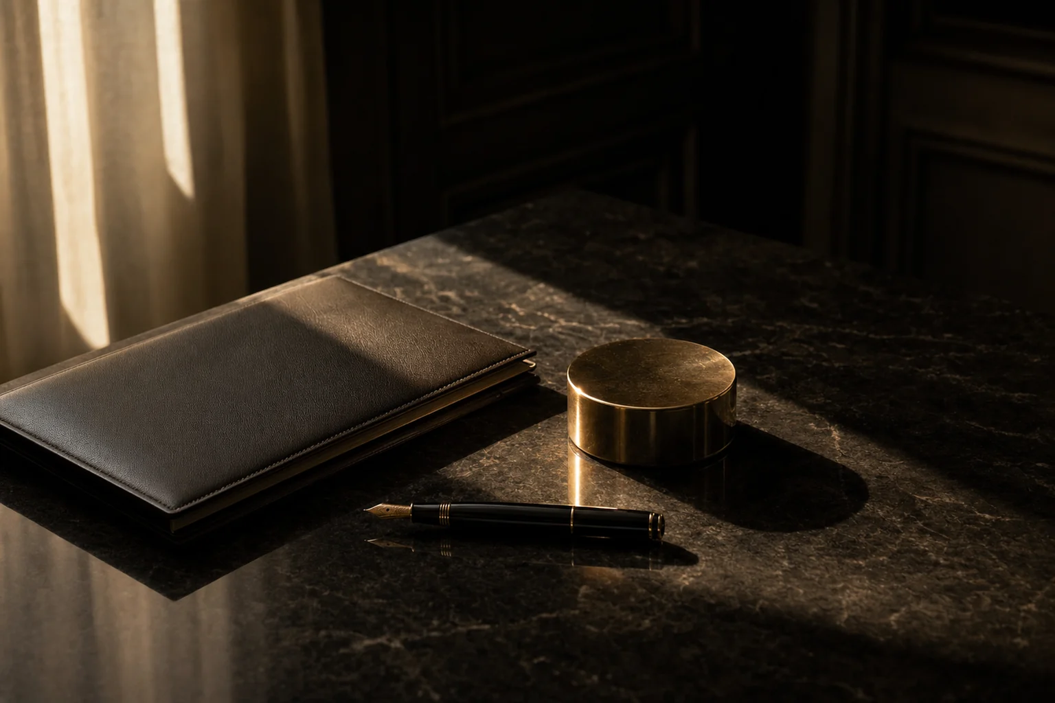 A leather folio, a solid brass paperweight, and a fountain pen on polished black stone in a dark panelled room